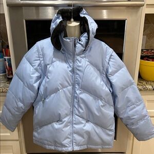 Women's Light Blue Puffer Jacket with Removable Hood & Sleeves